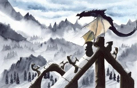 Dragon on the column of an ancient temple Stock Illustration