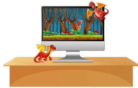 Dragon on computer desktop screen Illustrazione stock