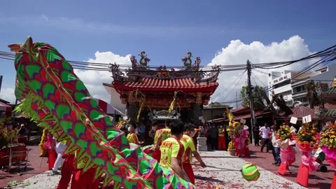 Dragon dance perform in front of temple | Stock Video | Pond5