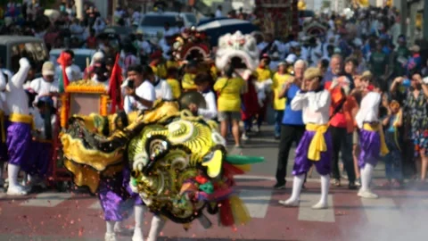 Dragon dance performance and Songkran Festival Stock Footage 273514332