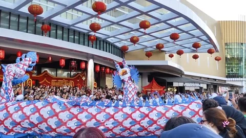 Dragon dance performance attracting a large crowd during festive celebrations Video stock 302365638