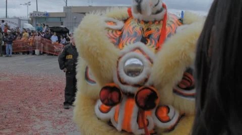 Dragon Dance Performer Up-close with a Child Stock Footage 8658277