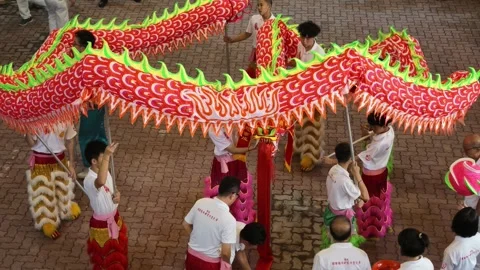 Dragon Dance Performers at Temple Eye Dotting Ceremony Stock Footage 348796909
