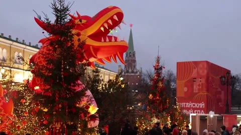 The Dragon Dance winds through the streets of Moscow on the eve of the Lunar New Stock Footage 300298026
