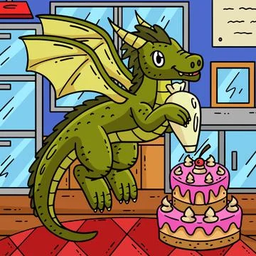 Dragon Decorating Cake Colored Cartoon Stock Illustration