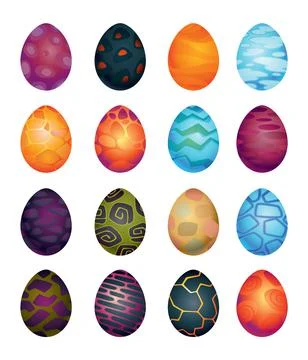 Dragon dinosaur eggs set with different pattern. Dino cartoon egg-shell. Whole イラスト素材