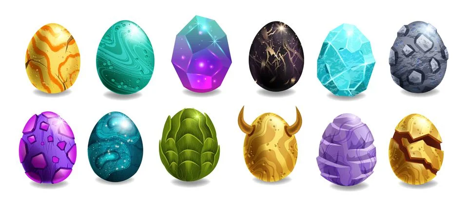 Dragon egg game icon set, vector cartoon magic dino stone kit, UI alien space Stock Illustration