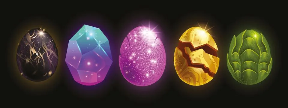 Dragon egg vector cartoon magic dino stone kit, game icon set, UI alien space 库存插图