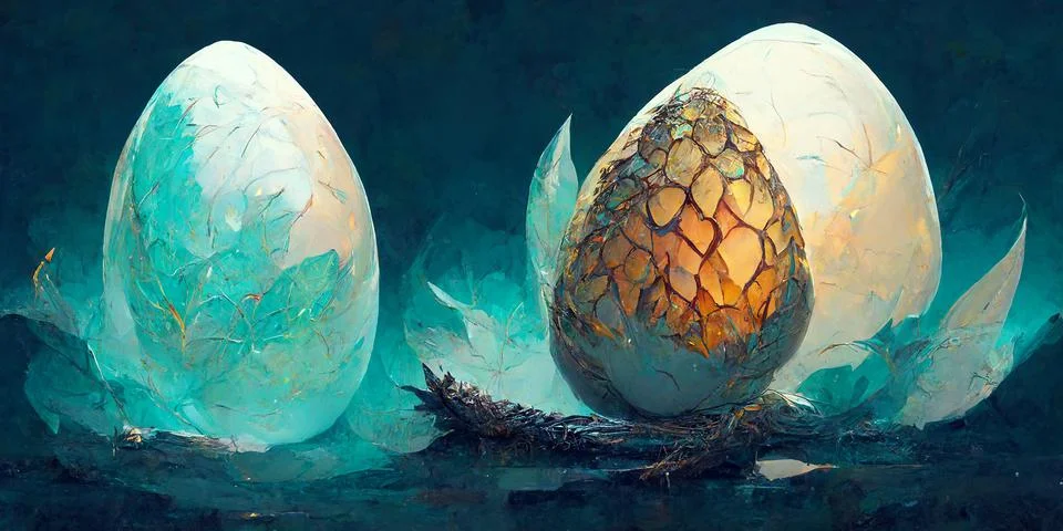 Dragon eggs in a nest on a cave background. Egg of a mythical creature. Stock Illustration