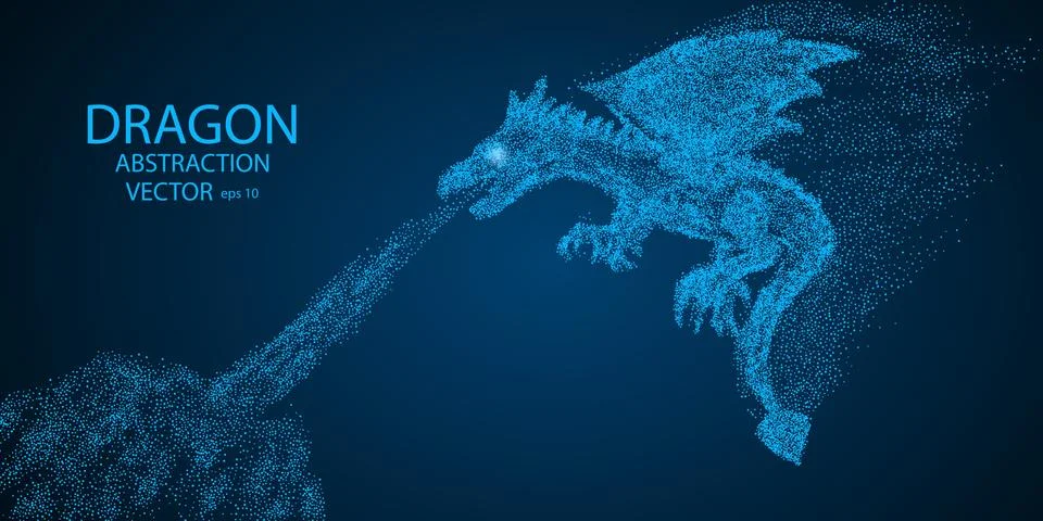 Dragon in flight, breathing fire, consists of particles. Illustrazione stock