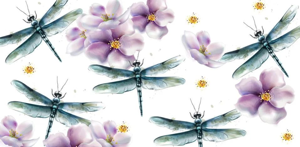 Dragon fly pattern Vector watercolor. Spring summer texture designs Stock Illustration