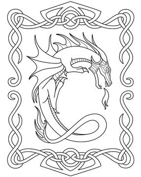 Dragon in a frame of Celtic ornament - vector linear picture for coloring. Stock Illustration