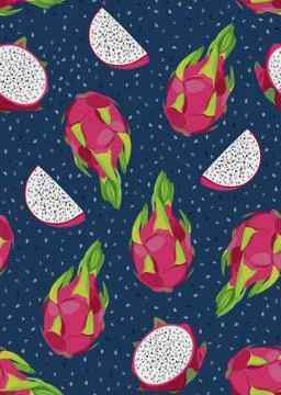 Dragon fruit and slice seamless pattern with seed on blue background. Tropica Illustrazione stock