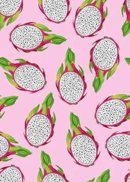 Dragon fruit and slice seamless pattern on vintage pink background. Tropical  Illustrazione stock