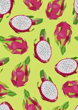 Dragon fruit and slice seamless pattern on a vintage green background. Tropic Illustrazione stock