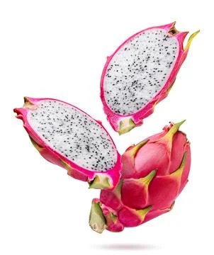 Dragon fruit and two halves falling on a white background. Pitahaya isolated Stock Photos