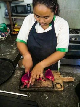Dragon fruit cut in half for breakfast in Bali, Indonesia Stock Photos