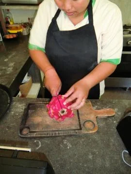 Dragon fruit cut in half for breakfast in Bali, Indonesia Stock Photos