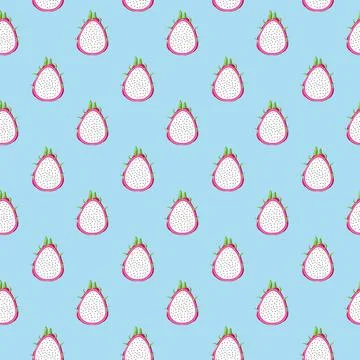 Dragon fruit flat seamless pattern on blue background. Illustrazione stock