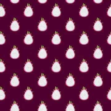 Dragon fruit flat seamless pattern on purple background. Illustrazione stock