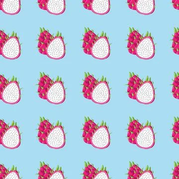 Dragon fruit flat seamless pattern on blue background. Stock Illustration
