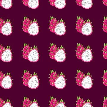 Dragon fruit flat seamless pattern on purple background. Illustrazione stock