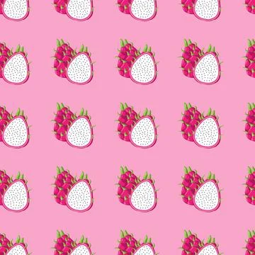 Dragon fruit flat seamless pattern on pink background. Illustrazione stock