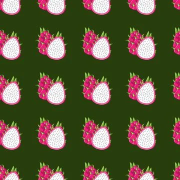 Dragon fruit flat seamless pattern on green background. Illustrazione stock