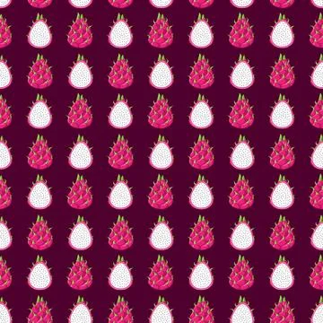 Dragon fruit flat seamless pattern on purple background. Stock Illustration