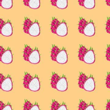 Dragon fruit flat seamless pattern on orange background. Stock Illustration