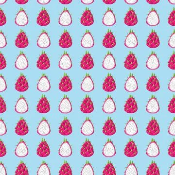 Dragon fruit flat seamless pattern on blue background. Stock Illustration