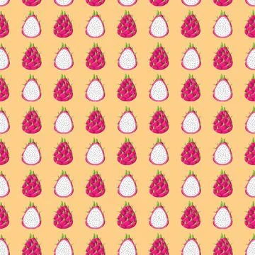 Dragon fruit flat seamless pattern on orange background. Stock Illustration