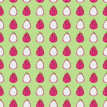 Dragon fruit flat seamless pattern on green background. Stock Illustration