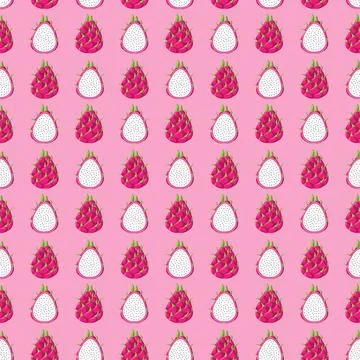 Dragon fruit flat seamless pattern on pink background. Illustrazione stock