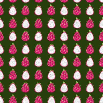 Dragon fruit flat seamless pattern on green background. Illustrazione stock