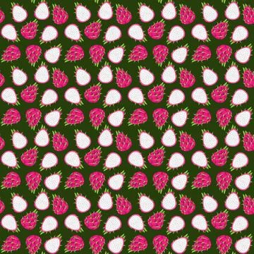 Dragon fruit flat seamless pattern on green background. Stock Illustration