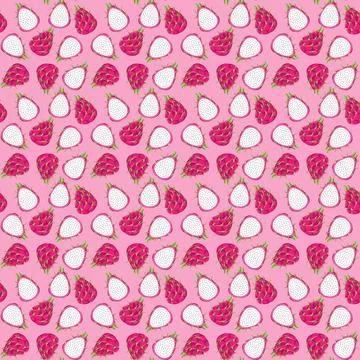 Dragon fruit flat seamless pattern on pink background. Stock Illustration