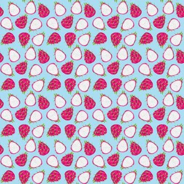 Dragon fruit flat seamless pattern on blue background. Stock Illustration