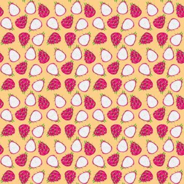 Dragon fruit flat seamless pattern on orange background. Stock Illustration