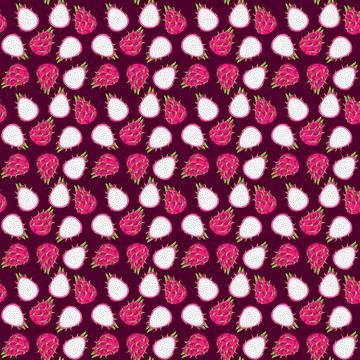 Dragon fruit flat seamless pattern on purple background. Illustrazione stock