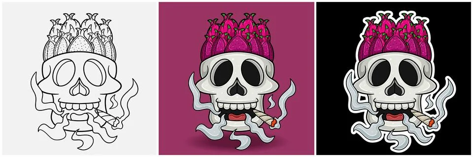 Dragon Fruit Inside Skull Head With Smoking Character Cartoon. Black White,.. Stock Illustration