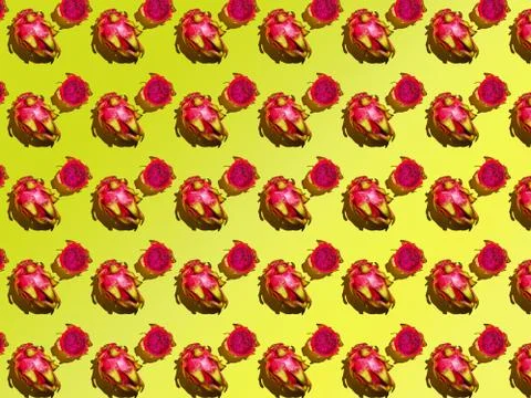 Dragon Fruit Pattern - Pitahaya Cut into pieces and whole on a yellow backgro Stock Photos
