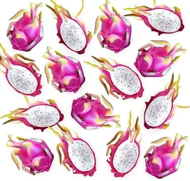 Dragon fruit pattern Vector. Delicious exotic tropical fruits detailed illust Stock Illustration