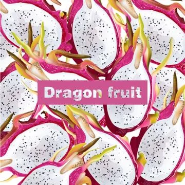 Dragon fruit pattern Vector realistic. Summer tropic pitaya healthy fruits ba Stock Illustration