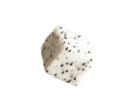 Dragon fruit piece on white background. Fresh pitaya cut with black seeds in Stockfoto's
