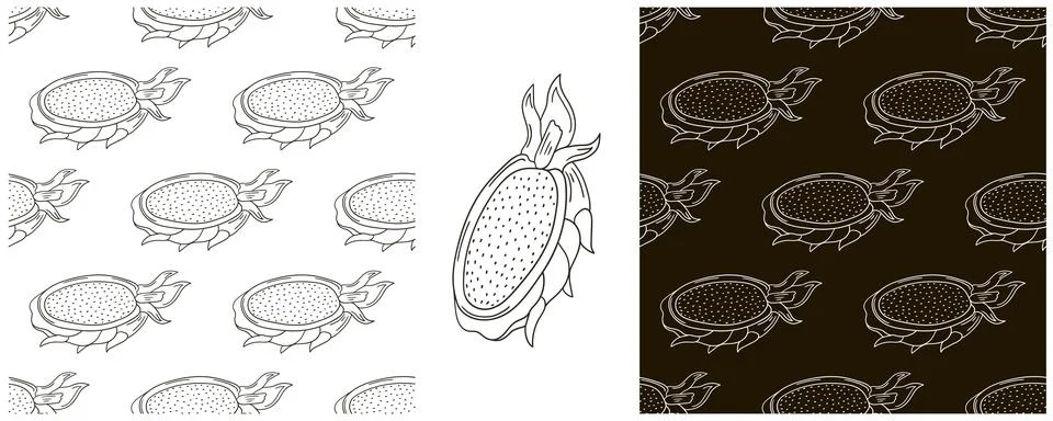 Dragon fruit, pitaya. Seamless pattern with tropical fruits. Monochrome Set i Stock Illustration