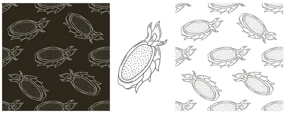 Dragon fruit, pitaya. Seamless pattern with tropical fruits. Monochrome Set i Stock Illustration