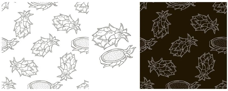 Dragon fruit, pitaya. Seamless pattern with tropical fruits. Set in hand draw Stock Illustration