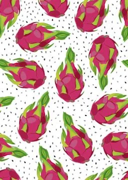 Dragon fruit seamless pattern with seed on a white background. Tropical exoti Stock Illustration