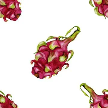 Dragon fruit seamless watercolor pattern. Bright pattern with exotic ripe Stock Illustration